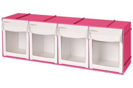Set di contenitori ribaltabili con 4 scomparti a cassetto in rosa.