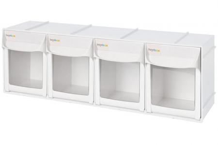 Flip out bin set with 4 drawer compartments in white.