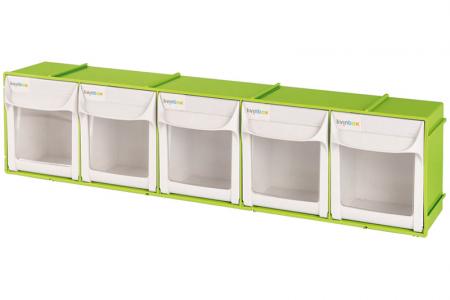 Flip out bin set with 5 drawer compartments in green.
