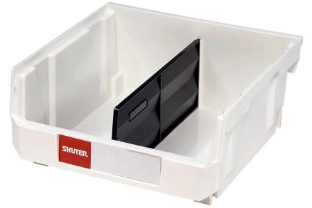 Stacking, nesting and hanging bin (6.4L volume) in white with a divider.