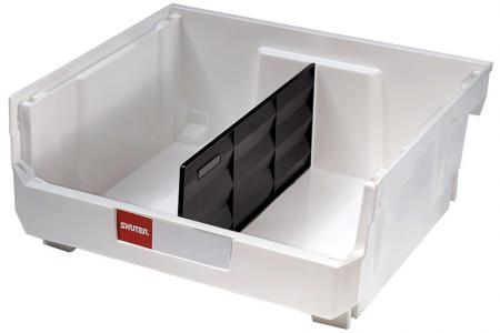 Stacking, nesting and hanging bin (21L volume) in white with a divider.