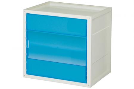 Prateleira e porta INNO Cube 2 para armazenamento em azul.