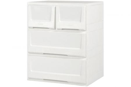 Flat-pack dresser with 4 assorted drawers in white.