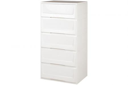 Flat-pack dresser with 5 matching drawers in white.