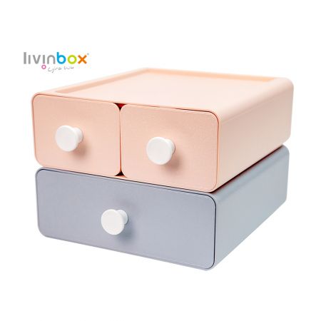 Organizzatore per scrivania in plastica con 3 cassetti di colore blu e rosa