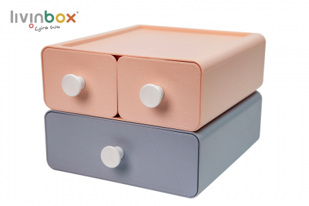 Organisateur de bureau en plastique moyen avec 3 tiroirs en bleu et rose