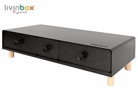 Dudukan monitor dengan 3 laci berwarna hitam_depan