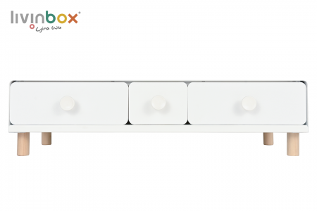 Dudukan monitor dengan 3 laci berwarna putih_depan