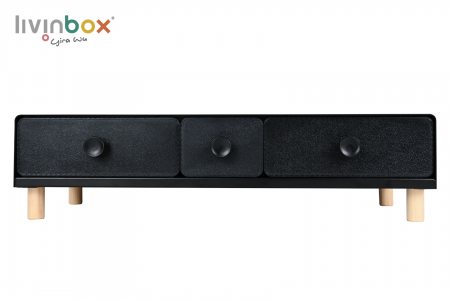 Dudukan monitor dengan 3 laci berwarna hitam_depan