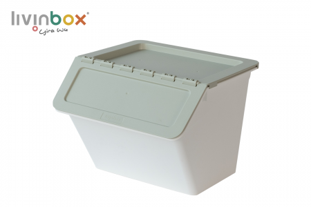 Stackable storage container with hinged lid (15L volume) in pale green