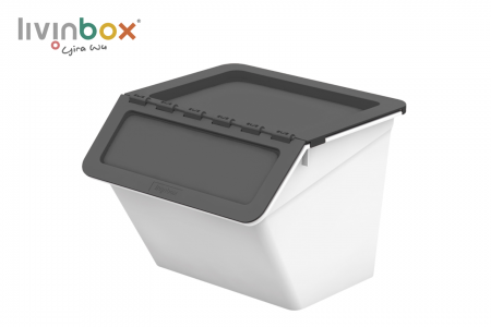 Stackable storage container with hinged lid (15L volume) in grey