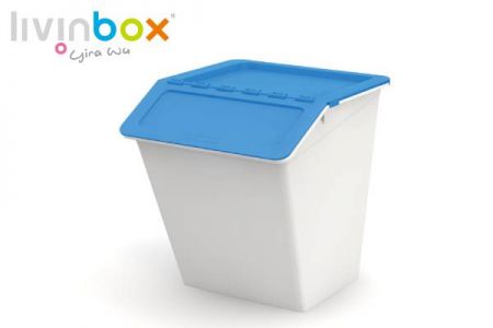 Nesting storage bin with hinged lid (38L volume) in blue