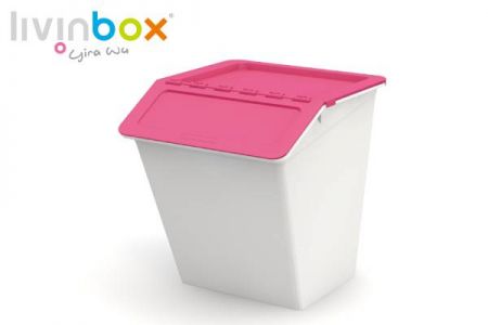 Nesting storage bin with hinged lid (38L volume) in pink