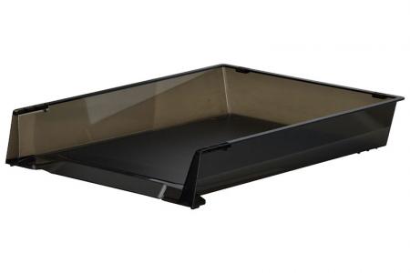 Stacking and nesting letter tray in transparent black.