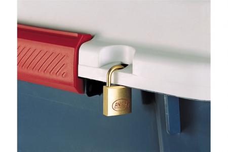 Lockable hard-shell storage chest (36L volume) in use.