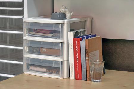 Tower tidy with 3 matching large-handle A4-size drawers.