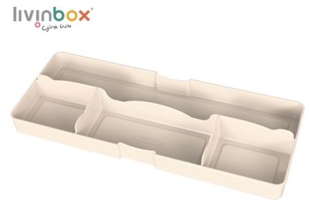 Органайзер для ящика стола с большой передней частью и 4 отделениями в бежевом цвете.