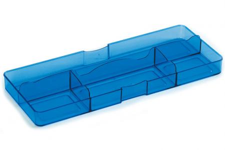 Organisateur de tiroir de bureau avec devant large et 4 compartiments en bleu.