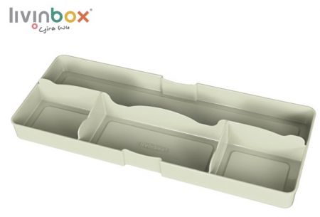 Органайзер для ящика стола с большой передней частью и 4 отделениями в зеленом цвете.