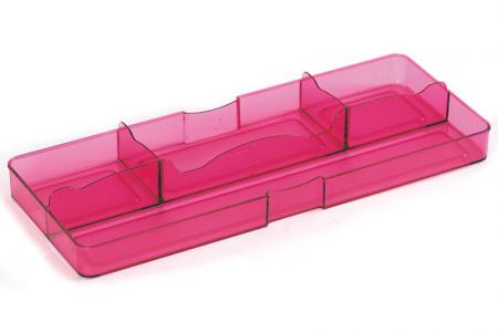 Organizador de gaveta de mesa com frente grande e 4 compartimentos na cor rosa.