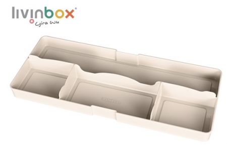 Desk drawer tidy with large back and 4 compartments in beige.