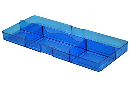 Penyimpanan laci meja dengan bagian belakang besar dan 4 kompartemen berwarna biru.