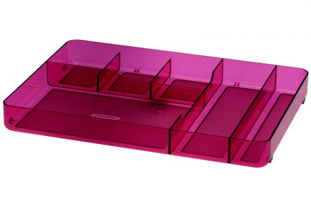 Organizador de escritorio con 6 compartimentos en color rosa.