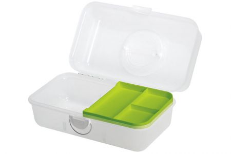 Tragbarer Projektbehälter mit Innenfach (6,3L Volumen) in Grün.