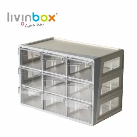 Large plastic desktop storage with 9 drawers in grey with blue.