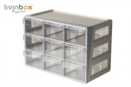 خزانة تخزين مكتبية بلاستيكية كبيرة تحتوي على 9 أدراج باللون الرمادي مع الأزرق.