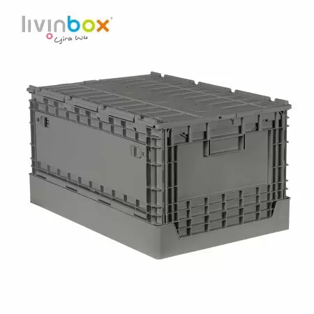 60L Collapsible Plastic Storage Tote with front open door and attached lid - 60L Collapsible Plastic Storage Tote with front open door and attached lid