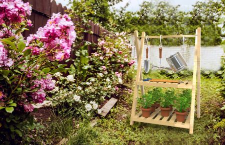 Suministros de exhibición de madera - Soporte para plantas para jardín, estante para acampar al aire libre