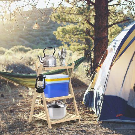 Hopfällbar träcampinghylla