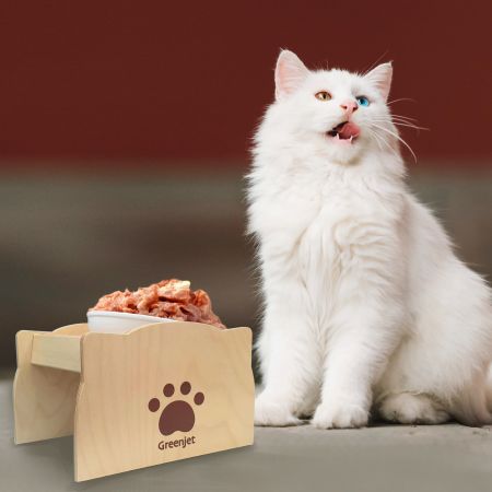 Katten älskar att äta från upphöjd matskål