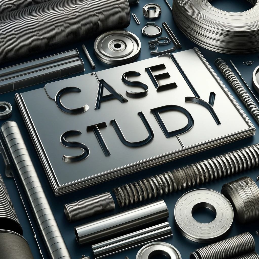 This photo features the words "Case Study" with a background of neatly arranged stainless steel materials.