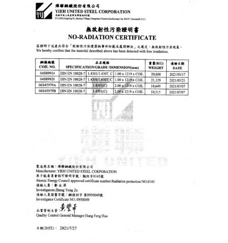 Non-radiation certificate from YUSCO