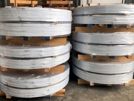 Embalaje de exportación para tiras con envoltura de película protectora transparente.