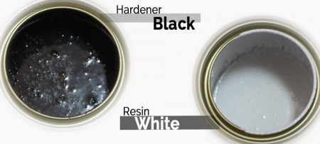 双罐包装，A罐是灰白色的环氧树脂，B罐是黑色的硬化剂，二剂需充分混合才可使用。

