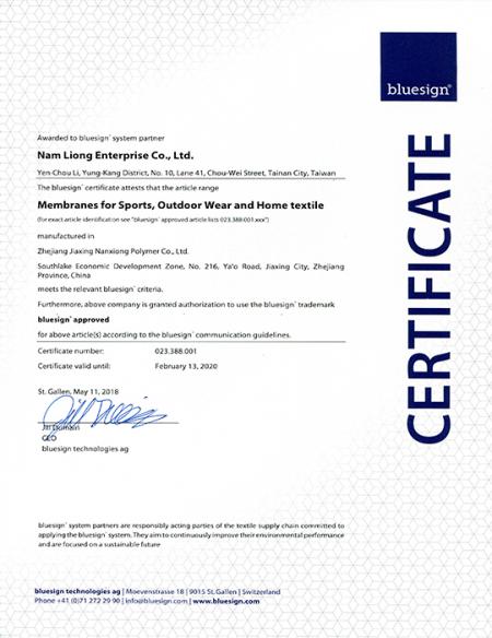 JiaXing NanXiong Polymer Co., Ltd. BlueSign certified