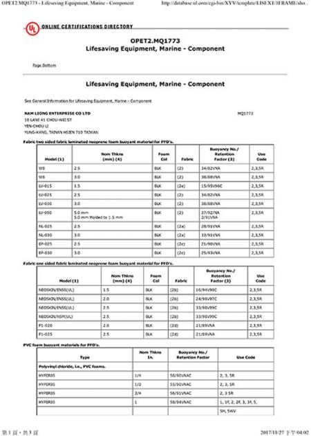 UL 1191 OPET2.MQ1773救生認證 - 1
