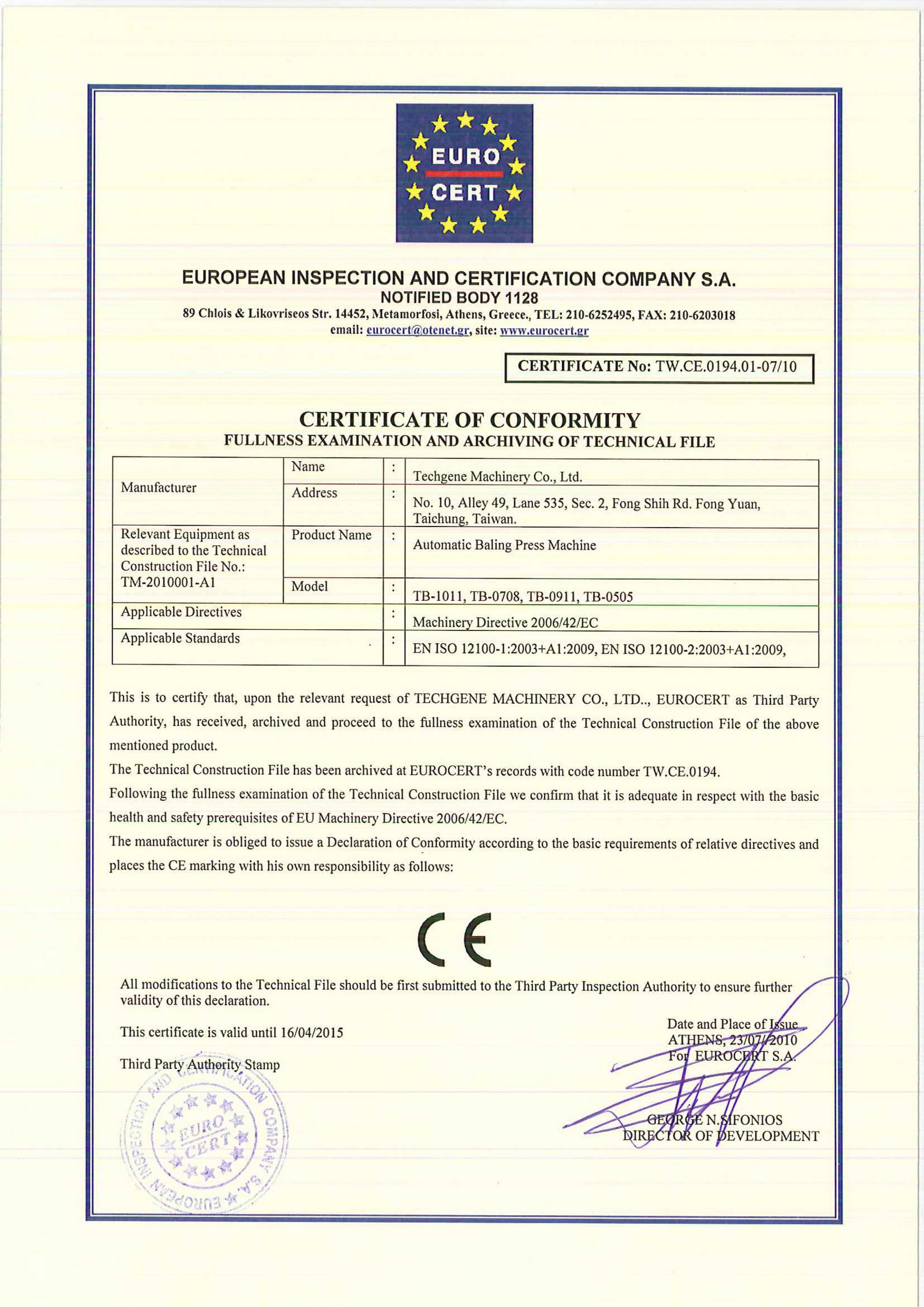 Certificat TW.CE pour les presse-balles