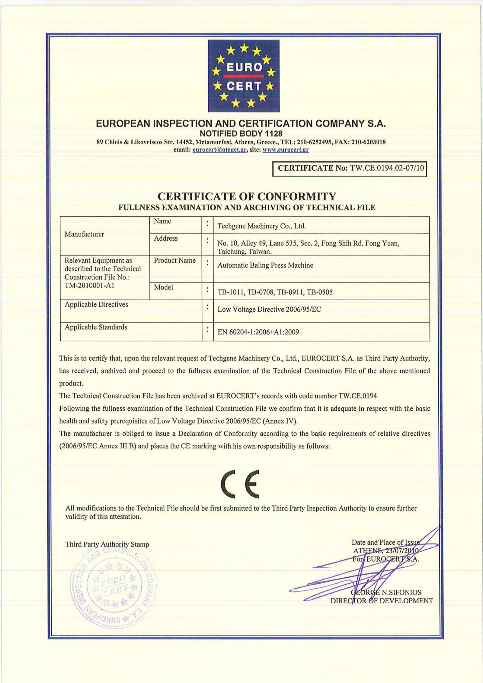 Certificat TW.CE pour les presses à balles