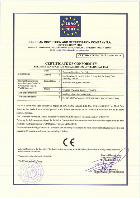 TW.CE Certifikáty pro lisovací stroje - TW.CE Certifikát pro balírny
