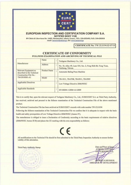 TW.CE Certifikáty pro lisovací stroje - TW.CE Certifikát pro balírny