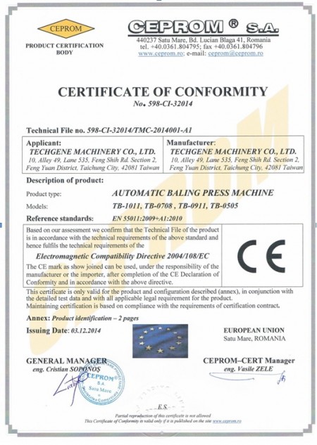 CEPROM S.A. Certificati per pressa imballatrice - CEPROM S.A. Certificati per pressa imballatrice