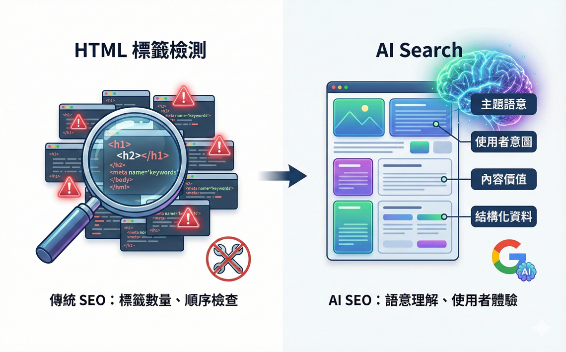 AI 搜尋引擎透過語意、結構與使用者意圖理解網頁內容,而非依賴 HTML 標籤數量