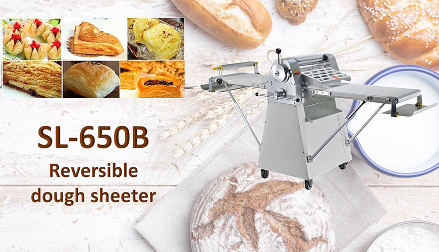 Reversible floor type dough sheeter is used for consistent flattening dough.
