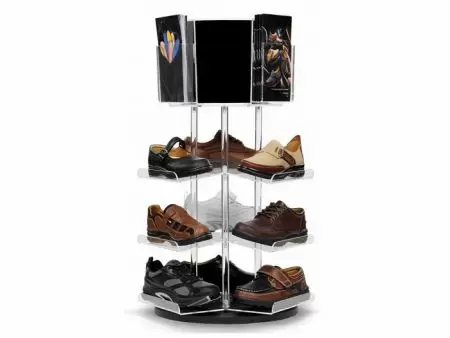 Suporte de sapatos acrílico para mesa / Exibição - Torre de exibição de sapatos acrílicos giratória com suporte para folhetos no topo