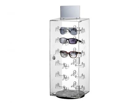 Lukittava akryylinen pyörivä silmälasien esittelyvitriini, johon mahtuu 24 paria laseja