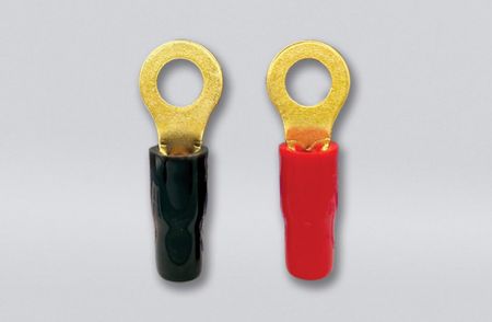 Terminales de anillo no aislados chapados en oro (costura soldada), rango de cable 22-16 AWG, tamaño de perno M4